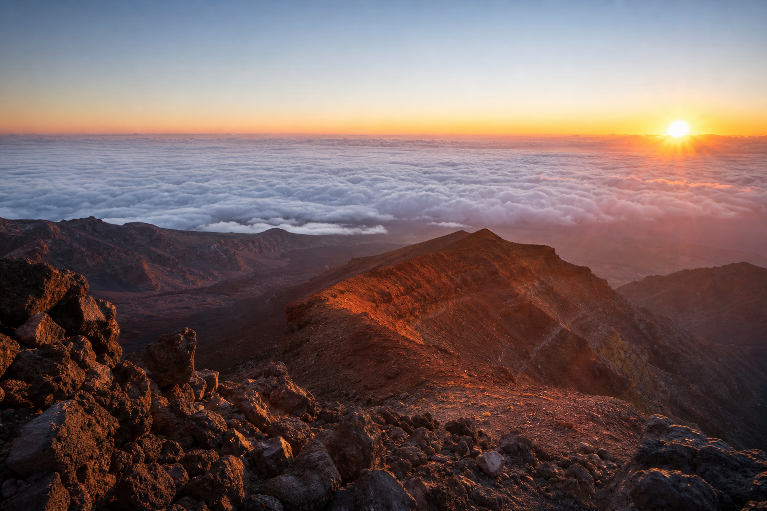 Sunrise above the clouds on the Mount Teide hiking route in Tenerife